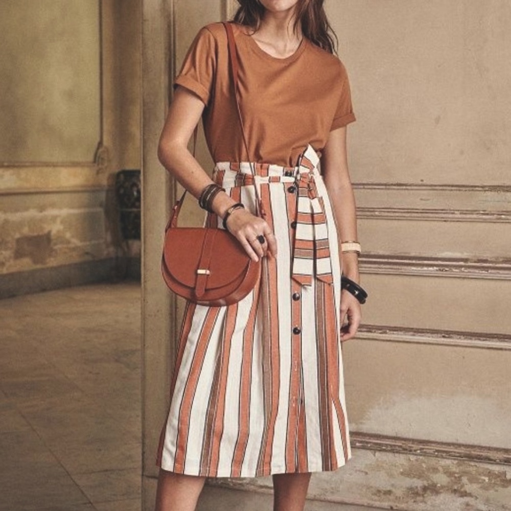 Sezane Skirt- Size 4, Stripe: Ecru/ Rust /Coffee